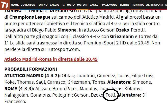 Курьёз от TuttoSport: газета указала Тотти в ориентировочном составе на матч "Атлетико" - "Рома" (Фото) - изображение 1