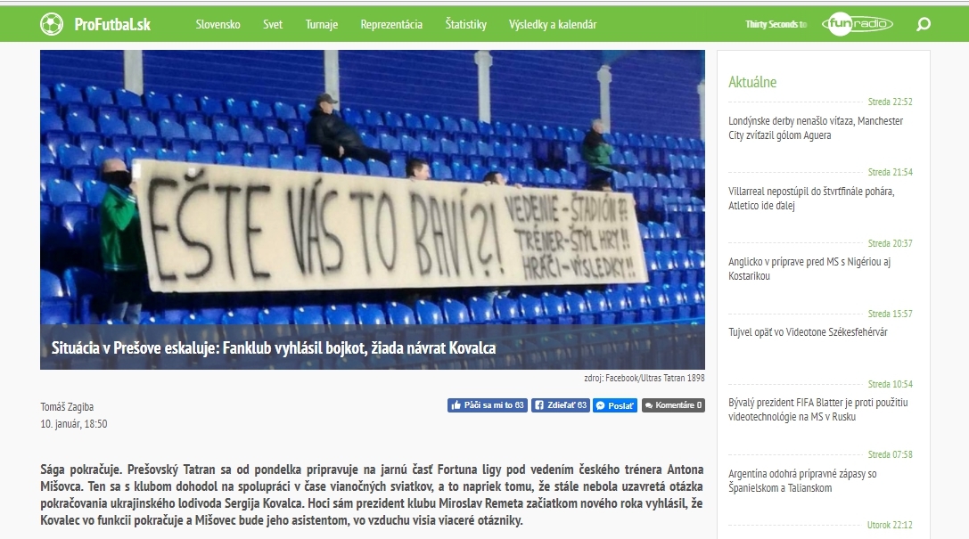 Фанаты "Татрана" выдвинули ультиматум: или бойкот, или верните Ковальца! - изображение 1