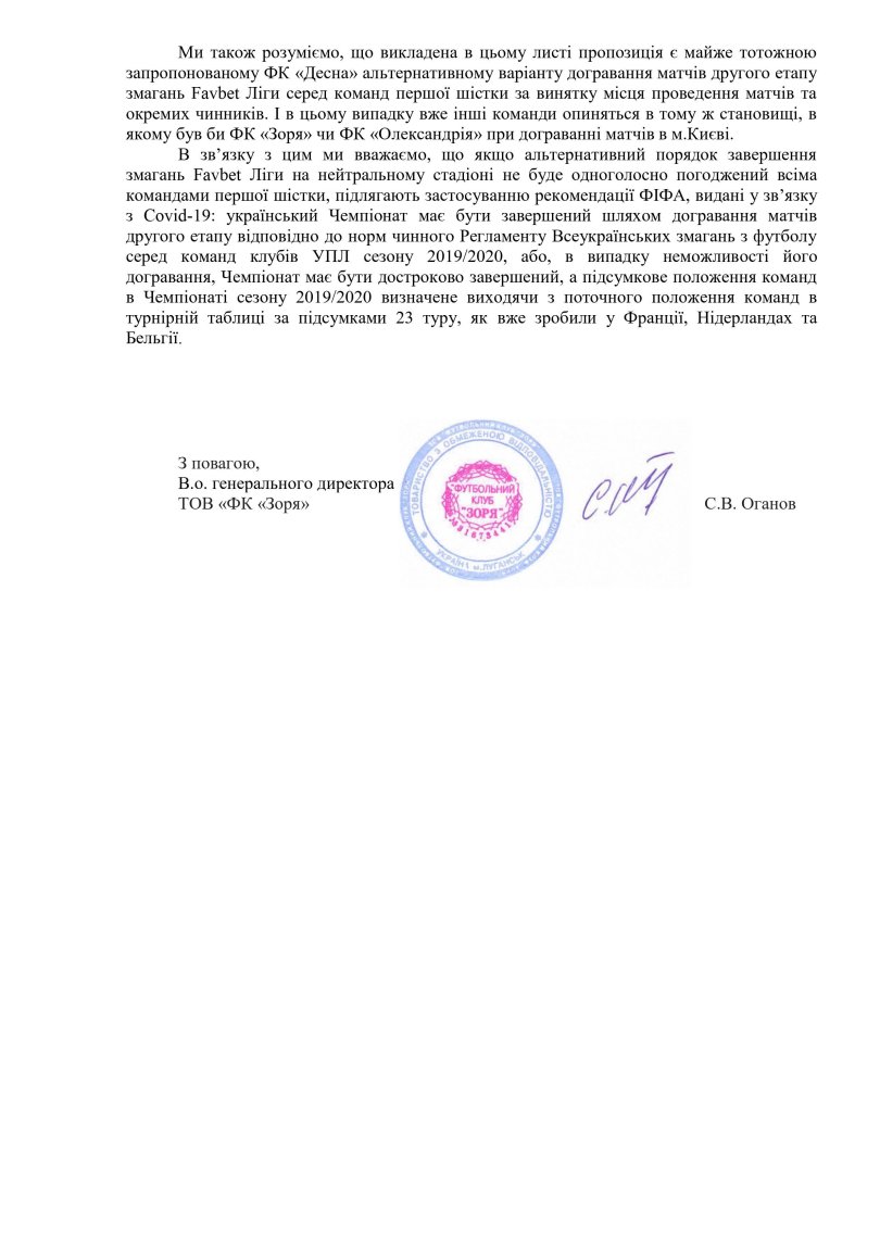 Позиция ФК "Заря" относительно доигровки чемпионата - изображение 2